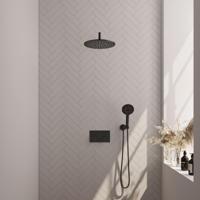 Black Edition thermostatische inbouw regendouche SET 58 - 30 cm douchekop - gebogen muurarm - 3-standen handdouche - doucheslang - wandaansluitbocht mat zwart - thumbnail