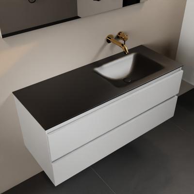 MONDIAZ AIVY 120cm badmeubel Talc, wastafel Urban solid surface rechts zonder kraangat met spiegel (AI-351641URBAN-NO - AI-M120TARE - AI-S120X72)