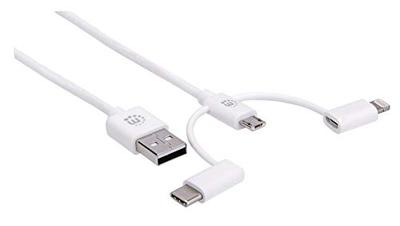 Manhattan 353434 3-in-1 oplaadkabel: Lightning/Micro USB/USB Type C USB Type C USB Type A stekker naar Lightning, USB Micro-B en USB Type C stekker 1 m wit