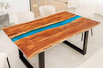 Massieve eettafel LIQUID 160cm bruin acaciahout boomrand zwart ijzer blauw - 45831