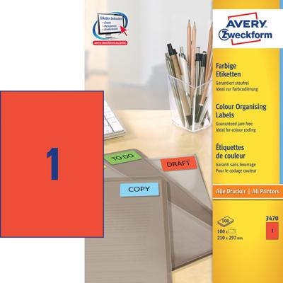 Etiket Avery Zweckform 3470 210x297mm A4 rood 100stuks Etiket Avery Zweckform 3470 210x297mm A4 rood 100stuks