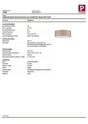 Paulmann 70952 Mari Plafondlamp LED E27 40 W Beige (mat)