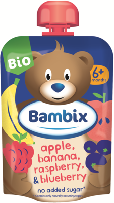 Bambix Bio Knijpzakje Appel, Banaan, Framboos en Blauwe Bes 6+ Bambix Bio Knijpzakje Appel, Banaan, Framboos en Blauwe Bes 6+