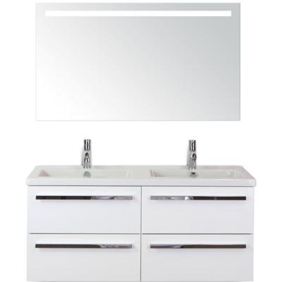 Seville Badmeubelset 120 cm - 4 Laden Wit Hoogglans - Wastafel Djazz Dubbel met Sence Spiegel