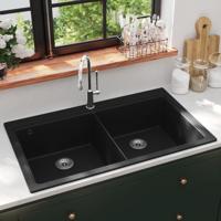 VidaXL Spoelbak opbouw graniet dubbele bak zwart - thumbnail
