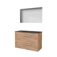 Basic-Line Basic 46 Badkamermeubelset - 100 x 46 cm - Met Grepen - 2 Lades - Hardstenen Wastafel - 1 Kraangat - Spiegel - Whisky Oak - thumbnail