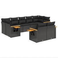 10-delige Loungeset met kussens poly rattan zwart - thumbnail
