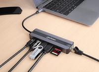 MANHATTAN 7-in-1 dockingstation USB C mannelijk naar HDMI vrouwelijk 4K30Hz 2X USB-A 5Gbps Gigabit RJ45 USB-C PD 87W kaartlezer - thumbnail