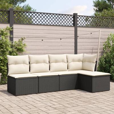 5-delige Loungeset met kussens poly rattan zwart