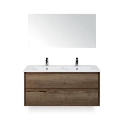 Porto Badmeubelset 120 cm - 2 laden Tabacco - Keramische Wastafel Wit Slim - met Spiegel