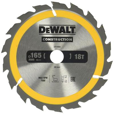 DeWALT Cirkelzaagblad voor Hout | Construction | Ø 165mm Asgat 20mm 18T - DT1933-QZ - thumbnail
