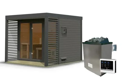 Karibu | Ares 3 Buitensauna | Terragrijs-Antraciet | Kachel 9 kW Externe Bediening