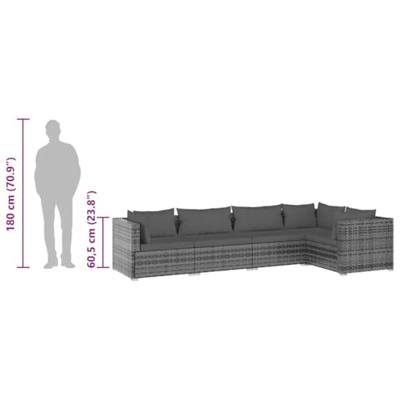 5-delige Loungeset met kussens poly rattan grijs