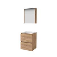 Basic-Line Comfort 46 Badkamermeubelset - 50 x 46 cm - Greeploos - 2 Lades - Keramische Wastafel - 1 Kraangat - Spiegelkast - Whisky Oak - thumbnail