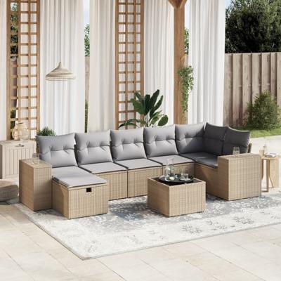 8-delige Loungeset met kussens poly rattan gemengd beige