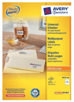 Avery Zweckform 3474, Universele etiketten, Ultragrip, wit, 200 vel, 24 per vel, 70 x 37 mm Avery Zweckform 3474, Universele etiketten, Ultragrip, wit, 200 vel, 24 per vel, 70 x 37 mm
