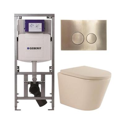 QeramiQ Dely Toiletset - 36.3x51.7cm - diepspoel - rimless - Geberit UP320 inbouwreservoir - softclose toilet zitting 35 mm - geborsteld messing bedieningsplaat - ronde knoppen - mat beige SW1000764/SW1000771/0701131/SW706200