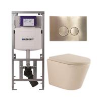 QeramiQ Dely Toiletset - 36.3x51.7cm - diepspoel - rimless - Geberit UP320 inbouwreservoir - softclose toilet zitting 35 mm - geborsteld messing bedieningsplaat - ronde knoppen - mat beige SW1000764/SW1000771/0701131/SW706200 - thumbnail