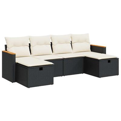 6-delige Loungeset met kussens poly rattan zwart