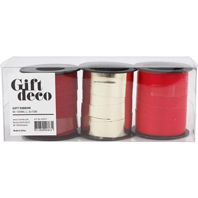 Cadeaulint, B: 10 mm, goud, rood, rood glitter, 3x15 m/ 1 doos