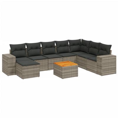 9-delige Loungeset met kussens poly rattan grijs