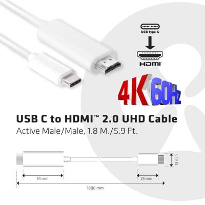 club3D CAC-1514 USB-C-displaykabel USB-C / HDMI Adapterkabel USB-C stekker, HDMI-A-stekker 1.80 m Wit
