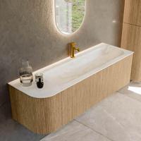 Mondiaz KURVE-DLUX 145 cm Onderkast Greeploos 1 Lade Met Deuren Oak, Wastafel Solid Surface Rechts Ostra 1 Kraangat Zonder Spiegel (KRVBGL145L1L1D1KR-Oak/Ost) - thumbnail