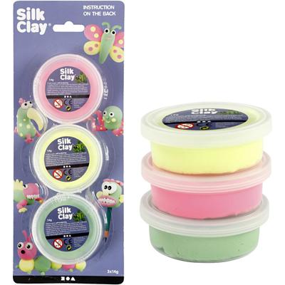 Silk Clay ®, lichtgroen, neon roze, neon geel, 3x14 gr/ 1 doos Silk Clay ®, lichtgroen, neon roze, neon geel, 3x14 gr/ 1 doos