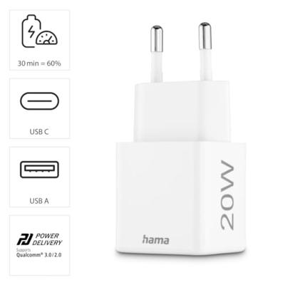 Hama USB-oplader 20.00 W 1x USB-C, 1x USB-A USB PD, QC 3.0 Wit Binnen Snellader - thumbnail