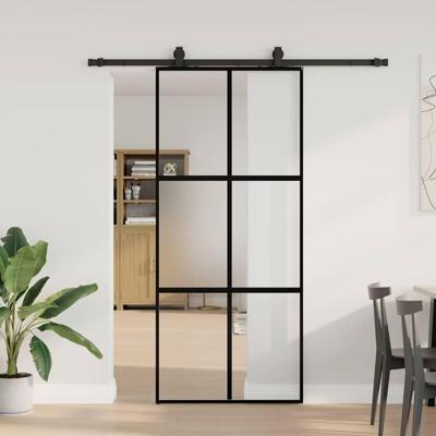 Schuifdeur met beslagset 90x205 cm gehard glas zwart