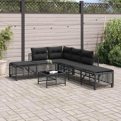 3-delige Loungeset met kussens poly rattan zwart