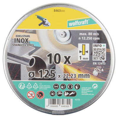 Wolfcraft Slijpschijven | Voor edelstaal | Extra dun | Ø125mm | 10 stuks - 8463000 Wolfcraft Slijpschijven | Voor edelstaal | Extra dun | Ø125mm | 10 stuks - 8463000