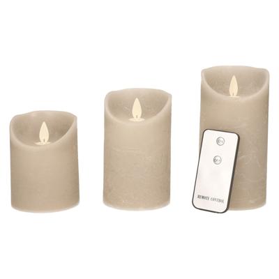 Anna's Collection LED kaars flame effect rustiek set 7.5 cm taupe 3 stuks