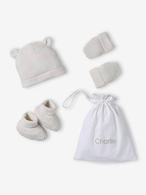 Babyset muts, wanten en sloffen van biologisch katoen en zijn aanpasbare pochon ecru Babyset muts, wanten en sloffen van biologisch katoen en zijn aanpasbare pochon ecru