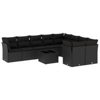 9-delige Loungeset met kussens poly rattan zwart - thumbnail