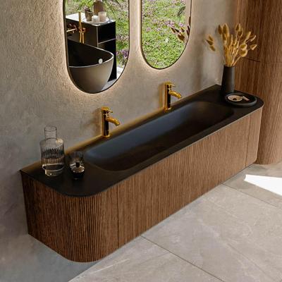 Mondiaz KURVE 170 cm Onderkast Greeploos 1 Lade Met Deuren Walnut, Wastafel Solid Surface Midden Urban 2 Kraangaten Zonder Spiegel (KRVBGL170L+R1L2D2KM-Wal/Urb)