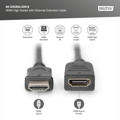 Digitus AK-330201-020-S HDMI-kabel HDMI Verlengkabel HDMI-A-stekker, HDMI-A-bus 2.00 m Zwart 4K UHD, Rond, Vergulde steekcontacten, Afgeschermd (drievoudig)