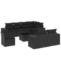 9-delige Loungeset met kussens poly rattan zwart - thumbnail
