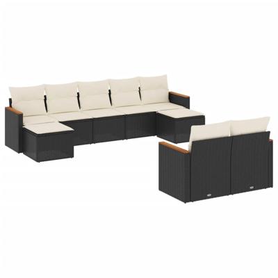 10-delige Loungeset met kussens poly rattan zwart