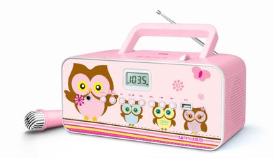 Muse M-29KP CD-radio voor kinderen met microfoon en Sing-A-Long karaoke functie (CD / MP3, USB, AUX-In, LCD-display, telescopische antenne), roze met uilmotief