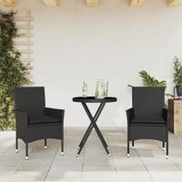 3-delige Bistroset met kussens poly rattan en glas zwart - thumbnail