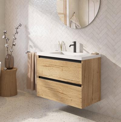 Saqu Gaia badmeubel incl. glans witte wastafel 60x51x64cm eiken marcato - zwarte greeplijst