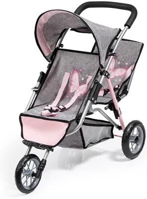Poppenwagen Reig Jogger Tweeling Grijs Roze Wielen x 3
