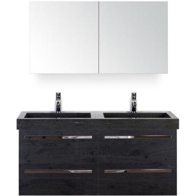 Seville Badmeubelset 120 cm - 4 Laden Black Oak - Wastafel Hardsteen Wit Lucca met Spiegelkast