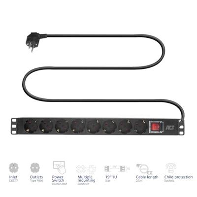 ACT Stekkerdoos PDU 19 inch CEE7/7 8-voudig type F. 2.5m H05VV-F 3G1.5