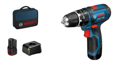 BOSCH PROFESSIONAL GSB 12V-15 klopboormachine + 2 accu's 2,0Ah + GAL 12V-20 + tas