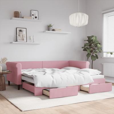 Slaapbank met onderschuifbed en lades 90x200 cm fluweel roze