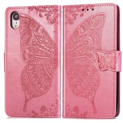 Vlinder liefde bloemen reliëf horizontale Flip lederen case voor de iPhone XR met houder & card slots & portemonnee & Lanyard (roze)