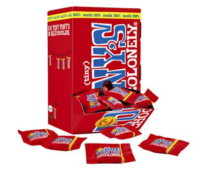 Tony's Chocolonely mini chocoladereep, 900g, doos van 100 stuks apart verpakt, melk Tony's Chocolonely mini chocoladereep, 900g, doos van 100 stuks apart verpakt, melk