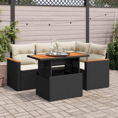 5-delige Loungeset met kussens poly rattan acacia zwart